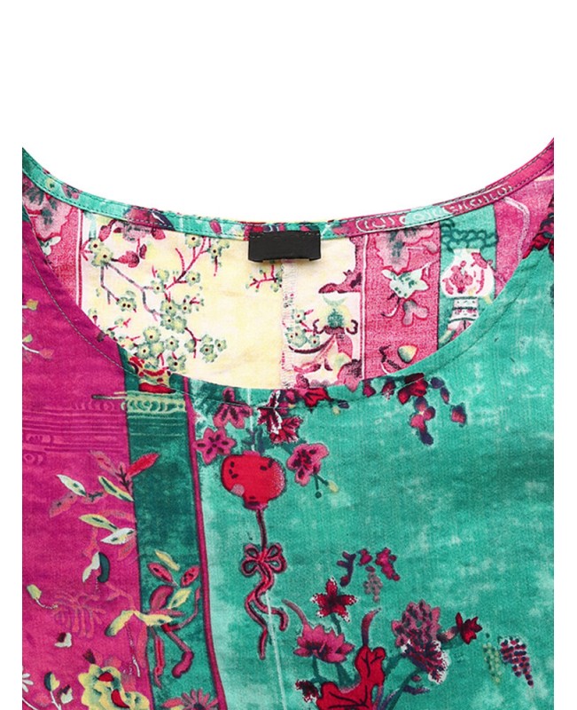 Women Abstract Print Short Sleeve Vintage Maxi Dress - Red S