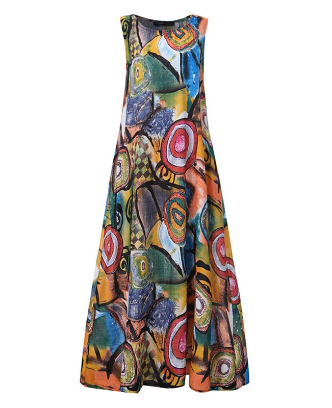 Women Retro O-neck Floral Print Sleeveless Maxi Dress - Red S