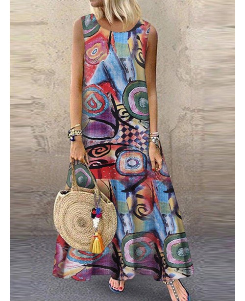 Women Retro O-neck Floral Print Sleeveless Maxi Dr...