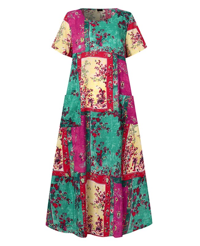 Women Abstract Print Short Sleeve Vintage Maxi Dress - Red S