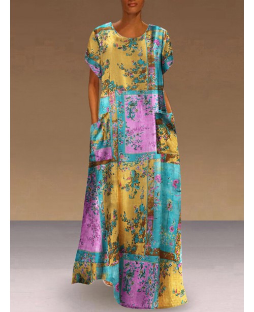 Women Abstract Print Short Sleeve Vintage Maxi Dre...