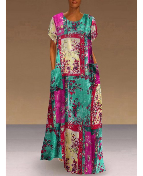 Women Abstract Print Short Sleeve Vintage Maxi Dre...