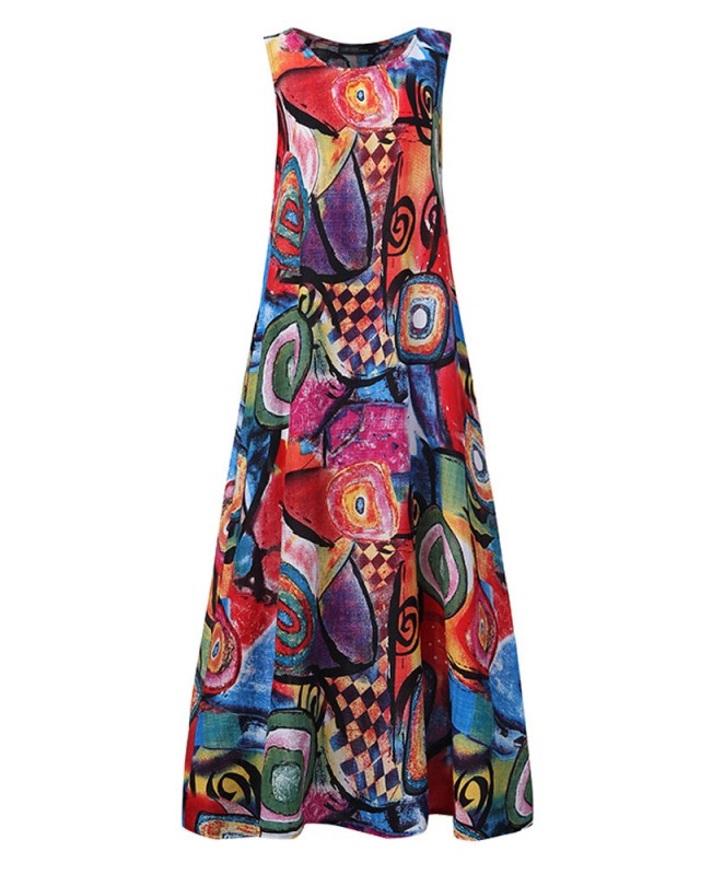 Women Retro O-neck Floral Print Sleeveless Maxi Dress - Red S