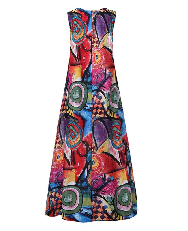 Women Retro O-neck Floral Print Sleeveless Maxi Dress - Red S