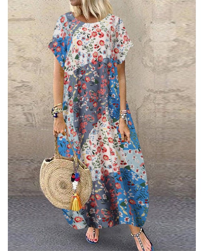 Women Retro O-neck Multicolor Floral Print Short Sleeve Loose Holiday Baggy Maxi Dress With Pocket - Pink S