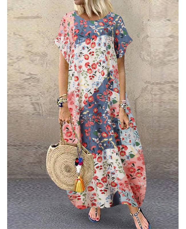 Women Retro O-neck Multicolor Floral Print Short Sleeve Loose Holiday Baggy Maxi Dress With Pocket - Pink S