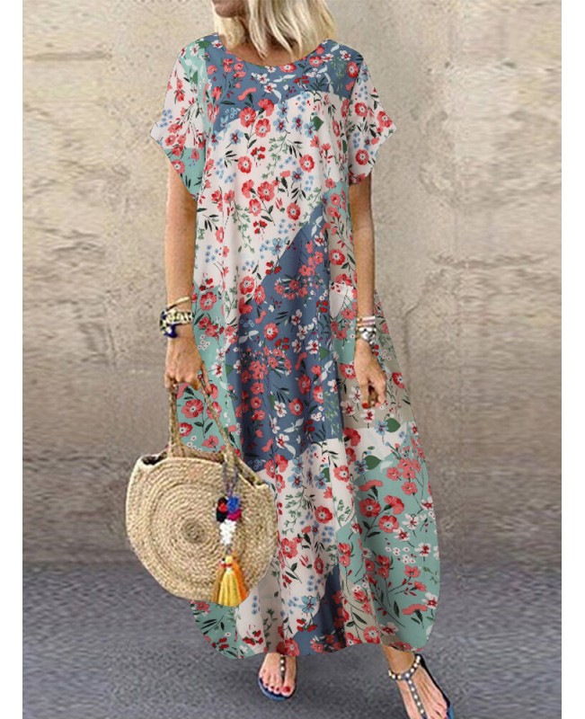 Women Retro O-neck Multicolor Floral Print Short Sleeve Loose Holiday Baggy Maxi Dress With Pocket - Pink S