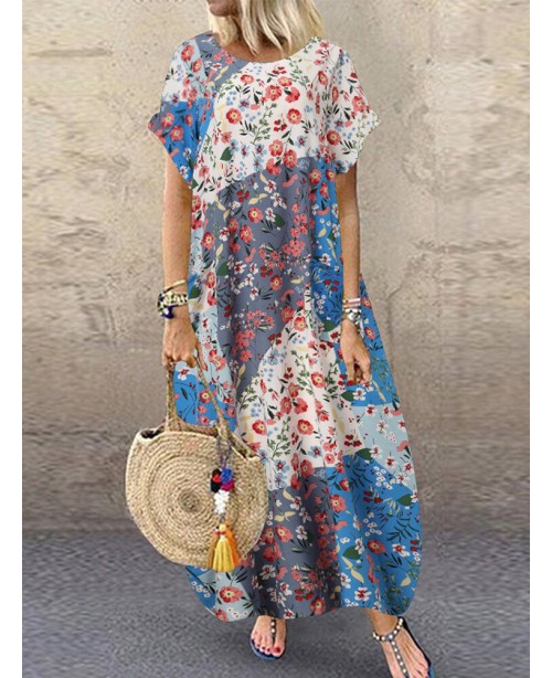 Women Retro O-neck Multicolor Floral Print Short S...