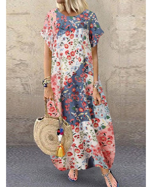 Women Retro O-neck Multicolor Floral Print Short S...