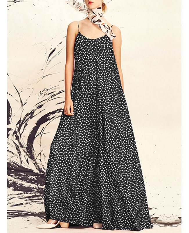 Women Polka Dot Print Spaghetti Straps Casual Maxi Dresses - Black S