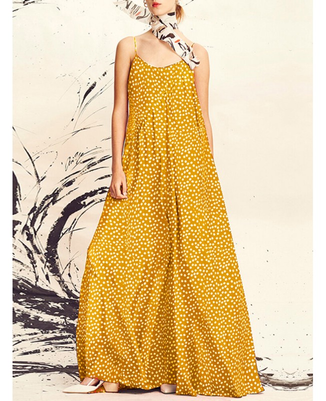 Women Polka Dot Print Spaghetti Straps Casual Maxi Dresses - Black S
