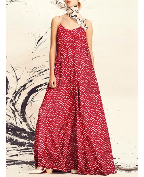Women Polka Dot Print Spaghetti Straps Casual Maxi...