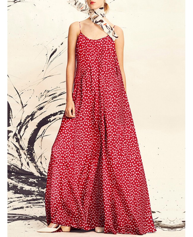 Women Polka Dot Print Spaghetti Straps Casual Maxi Dresses - Black S
