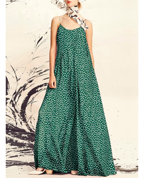 Women Polka Dot Print Spaghetti Straps Casual Maxi...