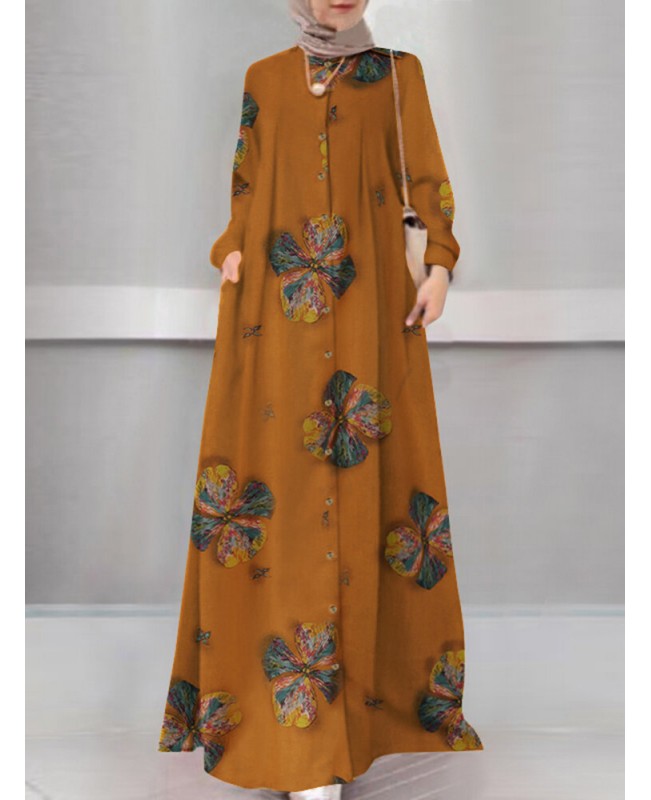 Women Floral Print Holiday A-Line Button Up Long Sleeve Muslim Dress Abaya Kaftan With Pocket - Navy S