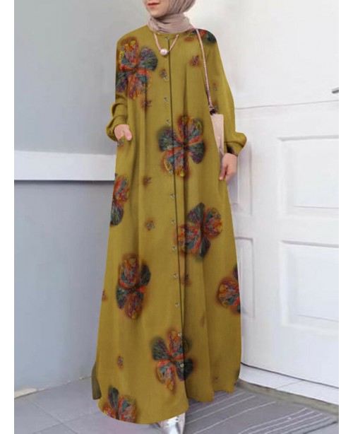 Women Floral Print Holiday A-Line Button Up Long S...