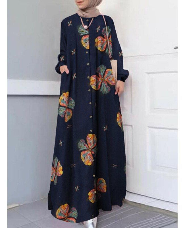 Women Floral Print Holiday A-Line Button Up Long Sleeve Muslim Dress Abaya Kaftan With Pocket - Navy S