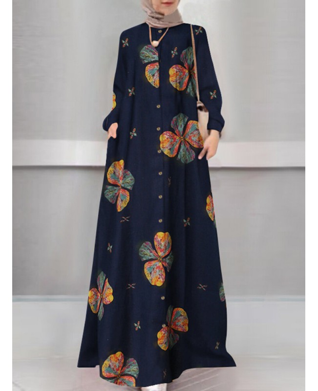 Women Floral Print Holiday A-Line Button Up Long Sleeve Muslim Dress Abaya Kaftan With Pocket - Navy S