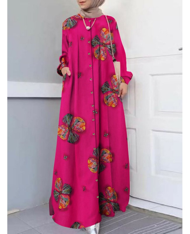 Women Floral Print Holiday A-Line Button Up Long Sleeve Muslim Dress Abaya Kaftan With Pocket - Navy S