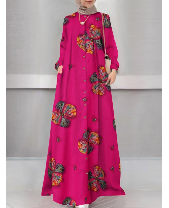 Women Floral Print Holiday A-Line Button Up Long Sleeve Muslim Dress Abaya Kaftan With Pocket - Navy S