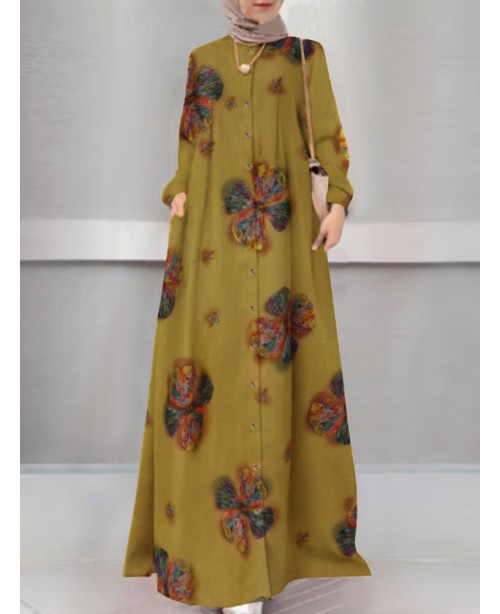 Women Floral Print Holiday A-Line Button Up Long S...