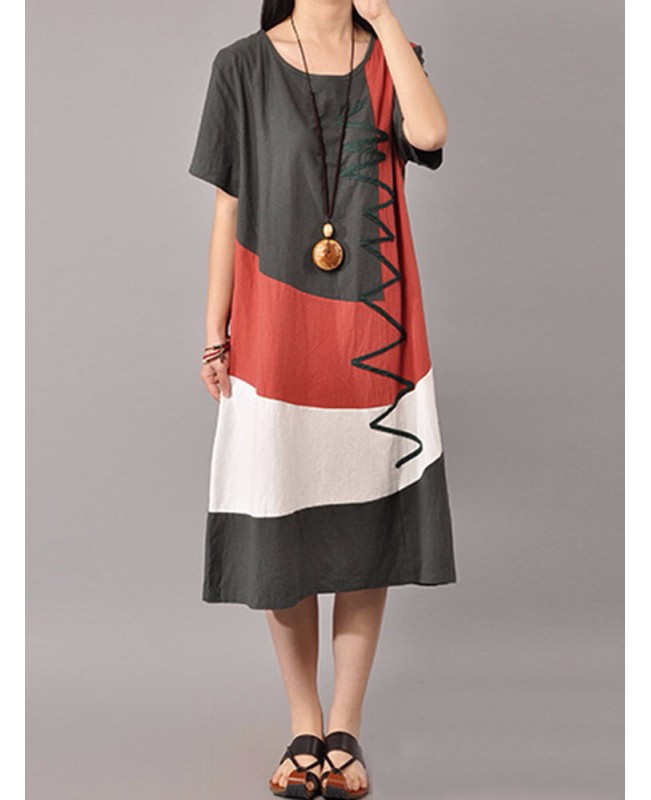 S-5XL Women Casual Short Sleeve Splice Loose O-neck Mid Long Dress - Orange Red S