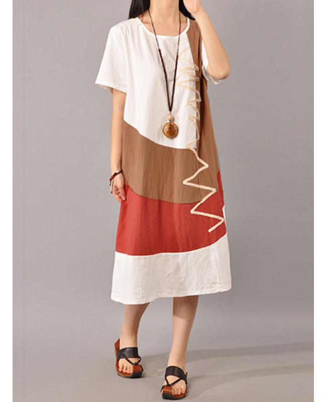 S-5XL Women Casual Short Sleeve Splice Loose O-neck Mid Long Dress - Orange Red S