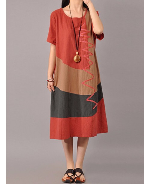 S-5XL Women Casual Short Sleeve Splice Loose O-nec...