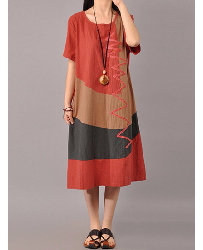 S-5XL Women Casual Short Sleeve Splice Loose O-neck Mid Long Dress - Orange Red S