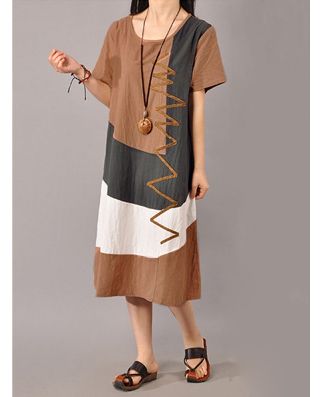 S-5XL Women Casual Short Sleeve Splice Loose O-neck Mid Long Dress - Orange Red S