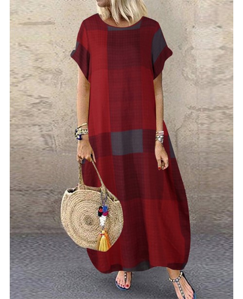 Women Plaid Short Sleeve Crew Neck Side Pocket Bag...