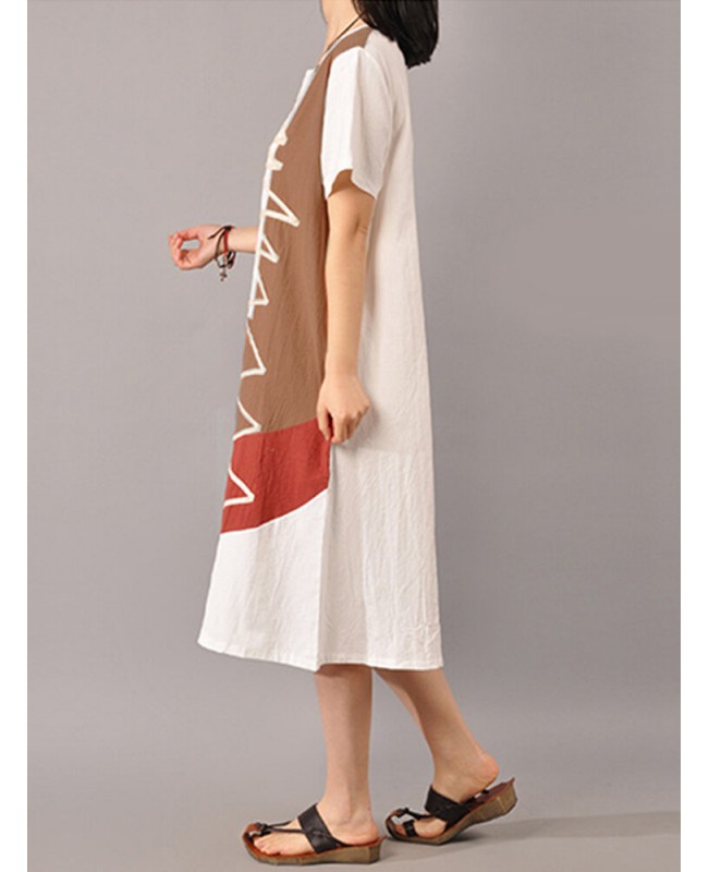 S-5XL Women Casual Short Sleeve Splice Loose O-neck Mid Long Dress - Orange Red S