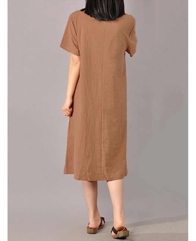S-5XL Women Casual Short Sleeve Splice Loose O-neck Mid Long Dress - Orange Red S