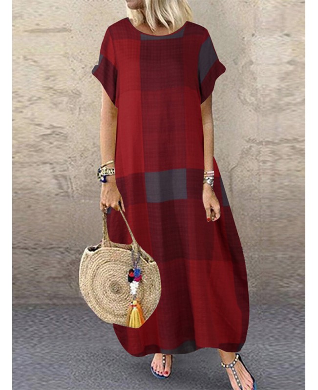 Women Plaid Short Sleeve Crew Neck Side Pocket Baggy Vintage Long Maxi Dress - Wine Red S
