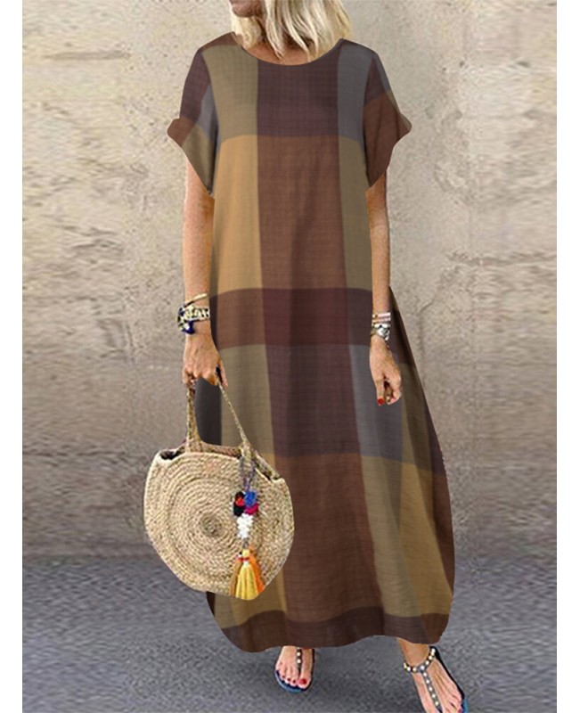 Women Plaid Short Sleeve Crew Neck Side Pocket Baggy Vintage Long Maxi Dress - Wine Red S