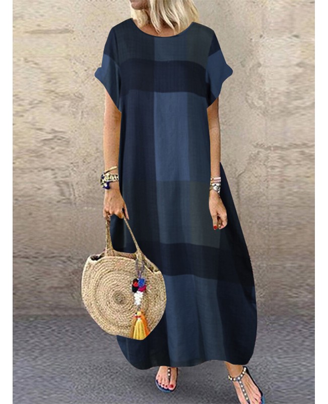 Women Plaid Short Sleeve Crew Neck Side Pocket Baggy Vintage Long Maxi Dress - Wine Red S