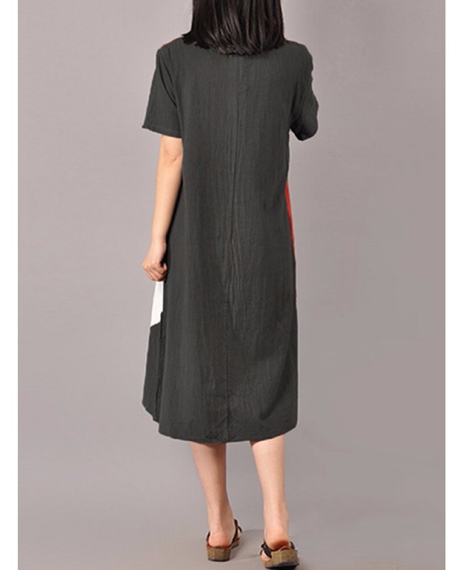 S-5XL Women Casual Short Sleeve Splice Loose O-neck Mid Long Dress - Orange Red S