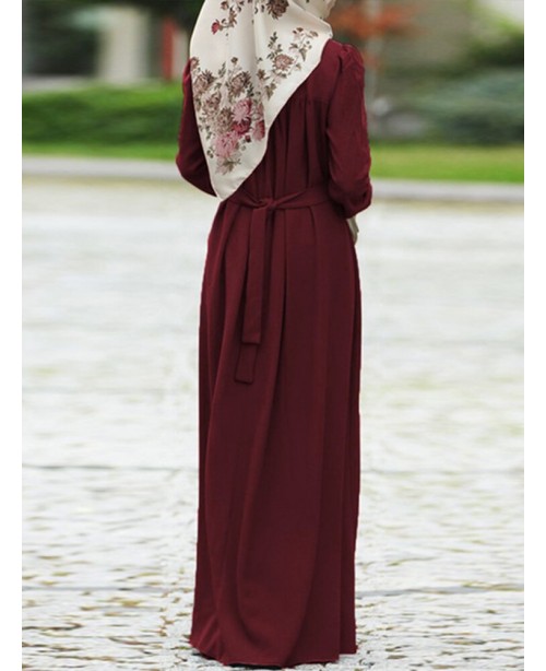 Women Vintage O-neck Button Long Puff Sleeve Kafta...