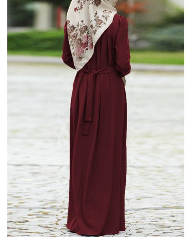 Women Vintage O-neck Button Long Puff Sleeve Kaftan Solid Color Maxi Dress - Black S