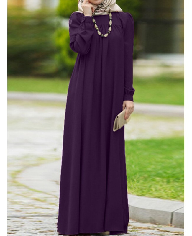 Women Vintage O-neck Button Long Puff Sleeve Kaftan Solid Color Maxi Dress - Black S