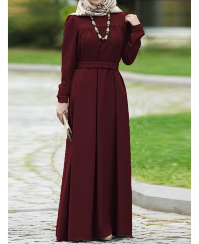Women Vintage O-neck Button Long Puff Sleeve Kaftan Solid Color Maxi Dress - Black S