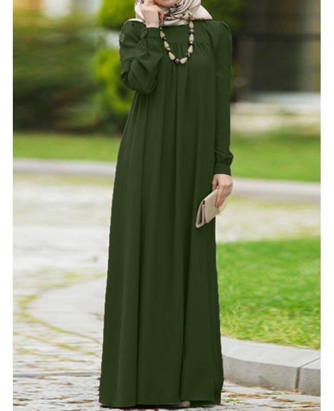 Women Vintage O-neck Button Long Puff Sleeve Kaftan Solid Color Maxi Dress - Black S