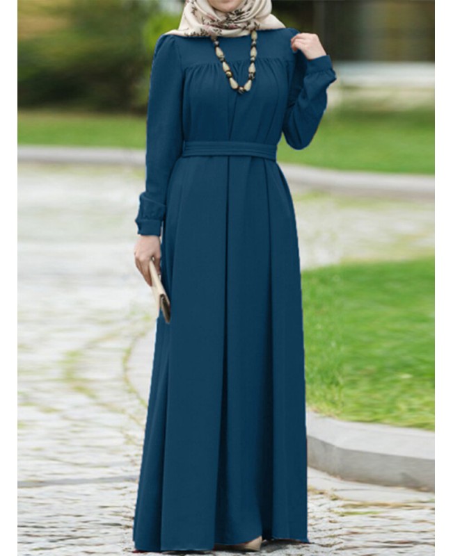 Women Vintage O-neck Button Long Puff Sleeve Kaftan Solid Color Maxi Dress - Black S