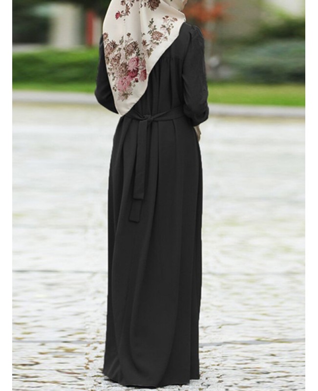 Women Vintage O-neck Button Long Puff Sleeve Kaftan Solid Color Maxi Dress - Black S