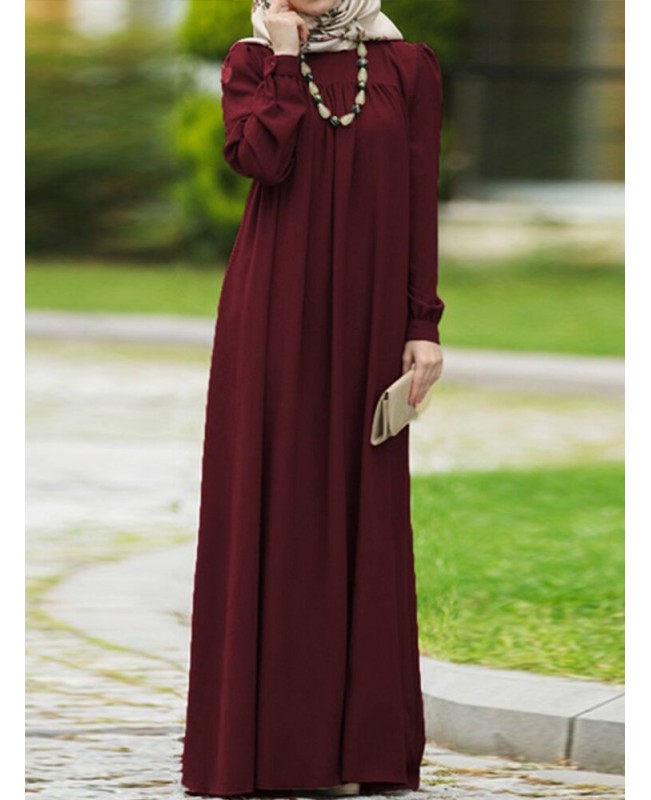 Women Vintage O-neck Button Long Puff Sleeve Kaftan Solid Color Maxi Dress - Black S