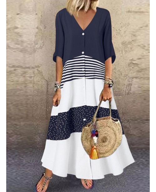 Bohemian Polka Dot Stripe Contrast Color Print Pat...