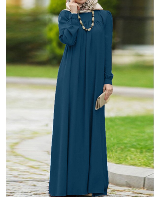 Women Vintage O-neck Button Long Puff Sleeve Kaftan Solid Color Maxi Dress - Black S