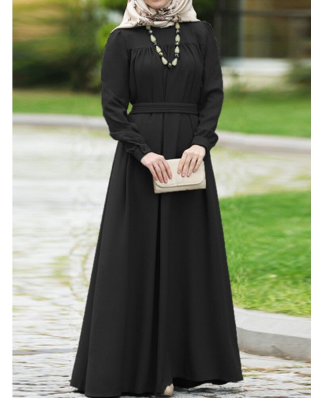 Women Vintage O-neck Button Long Puff Sleeve Kaftan Solid Color Maxi Dress - Black S