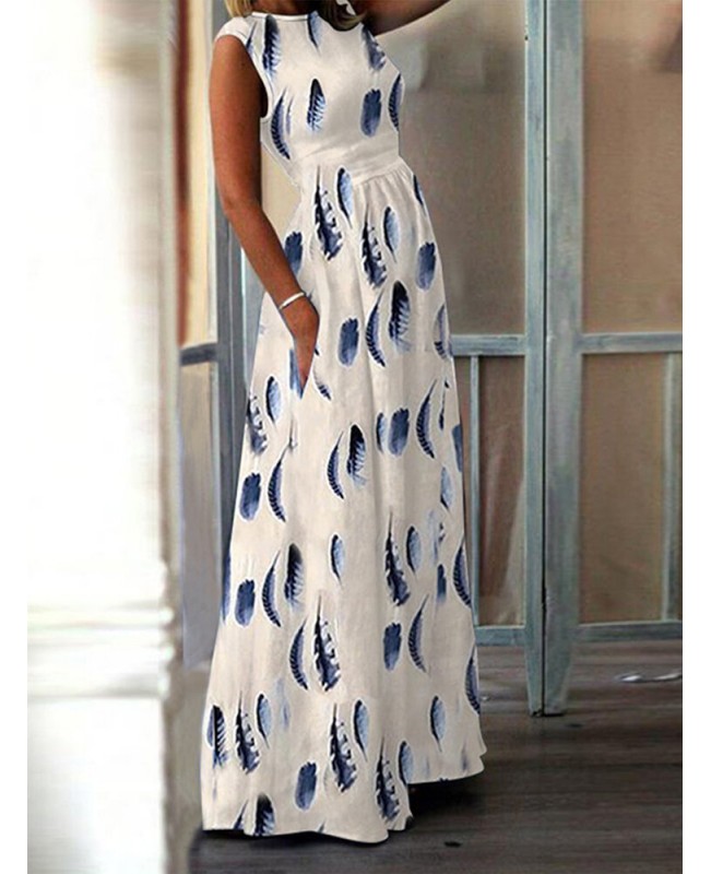 Bohemian Women Sleeveless Crew Neck Floral Print Long Maxi Dress - Blue M