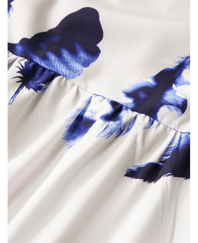 Bohemian Women Sleeveless Crew Neck Floral Print Long Maxi Dress - Blue M